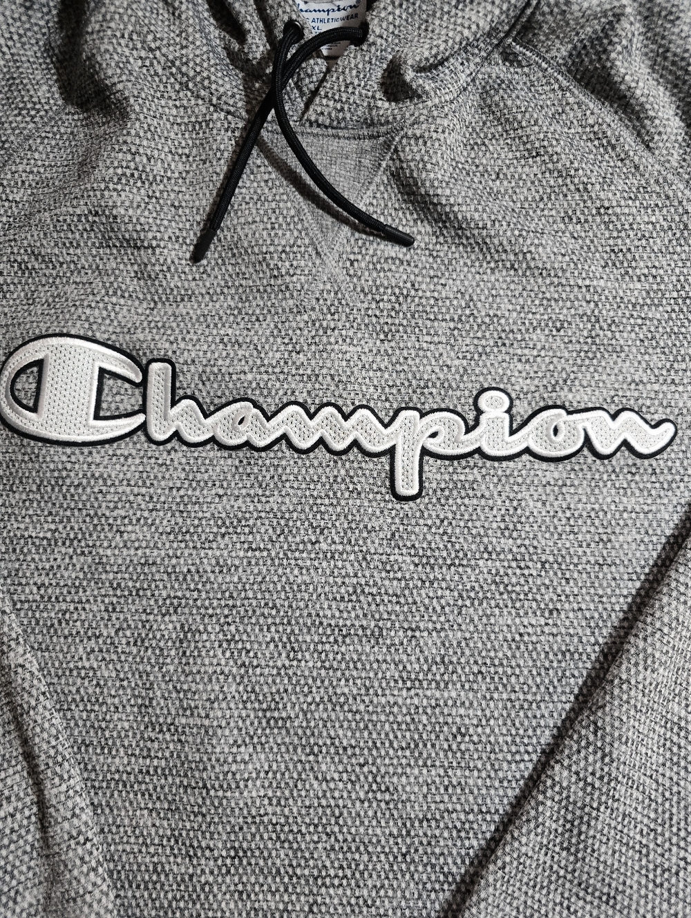 Champion Hoodie Gray Script Logo Men’s XL Textured Knit Pullover Sweatshirt - Picture 3 of 5